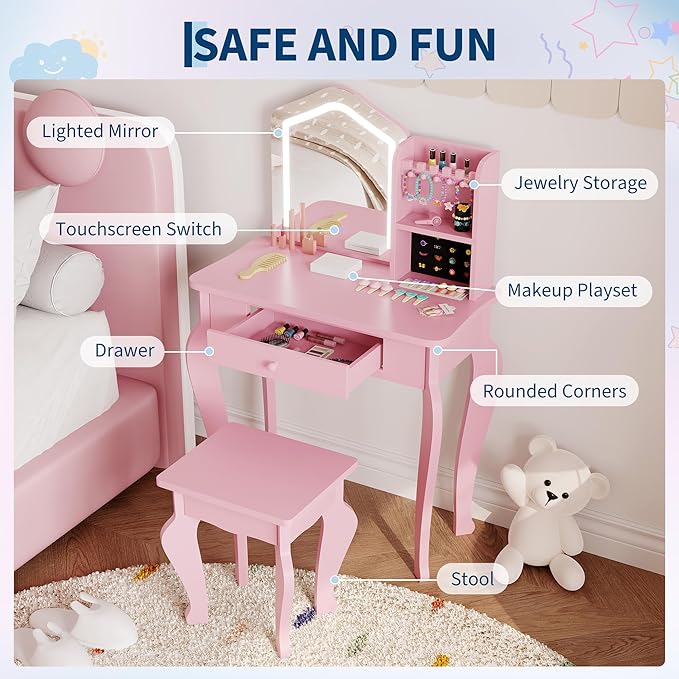 Garvee Kids Vanity with Lighted Mirror, Little Girl Vanity and Stool, Toddler Makeup Table Set and Makeup Playset for 3-8 Girls, Pink