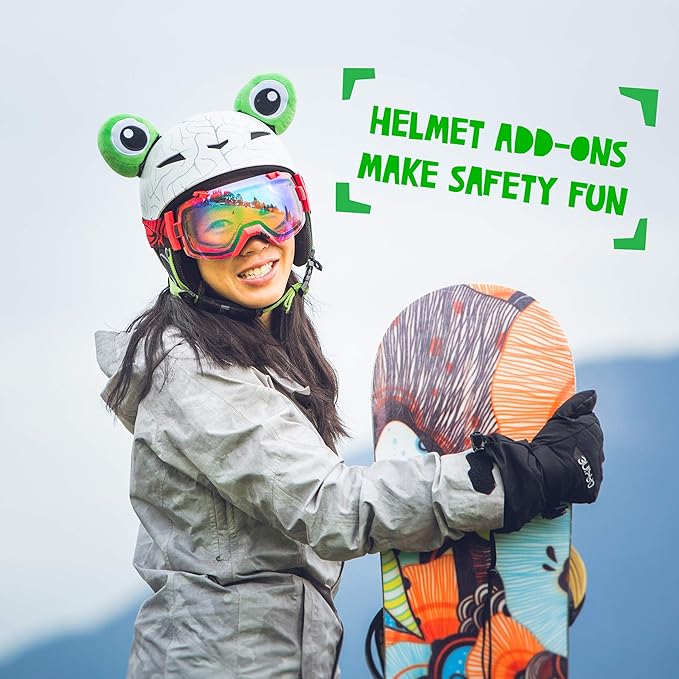 Frog Helmet Accessories w/Sticky Hook & Loop Fastener Adhesive (Helmet not Included), Fun Helmet Eyes/Ears/Cover for Snowboarding, Skiing, Biking, Cycling, Skating for Kids and Adults