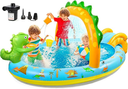 SULIFEEL Dinosaurs Inflatable Play Center Kiddie Pool with Slide and Sprinkler for Children, 96''x59''x39'' Baby Pool for Backyard and Garden, Free Inflatable Pump