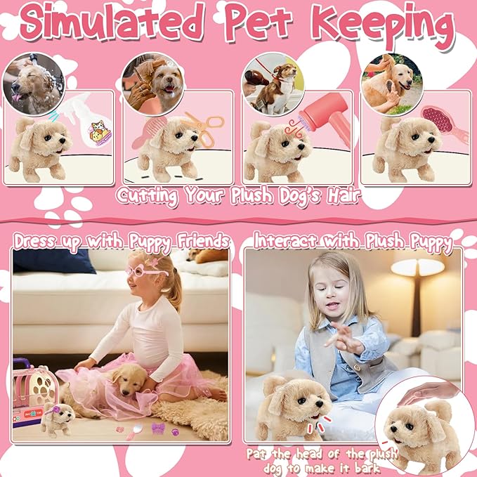 TEUVO 14Pcs Dog Toys for Girls Kids 3 4 5 6 8 Year Old, Walking Barking Electronic Interactive Stuffed Dog Plush & Carrier Accessories Pet Care Playset Grooming Toy Pretend Play Gifts for Little Girls