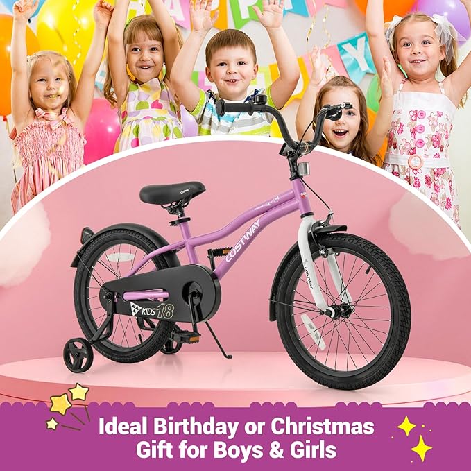 COSTWAY 12/14/16/18 Inch Kids Bike, Children Toddler Bicycle with Training Wheels, Adjustable Seat & Handlebar, Handbrake & Coaster Brake, Reflectors, Bell, Suitable for 3-8 Years Old Boys Girls