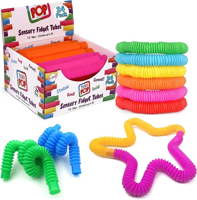 Pop Tubes Sensory Toys 24 Pack, Fine Motor Skills Toddler Toys, Thick Fidget Sensory Toys for Kids and Adults, Learning Toys, 7.5" in Diameter, Stretches Up to 26" by Playkidz