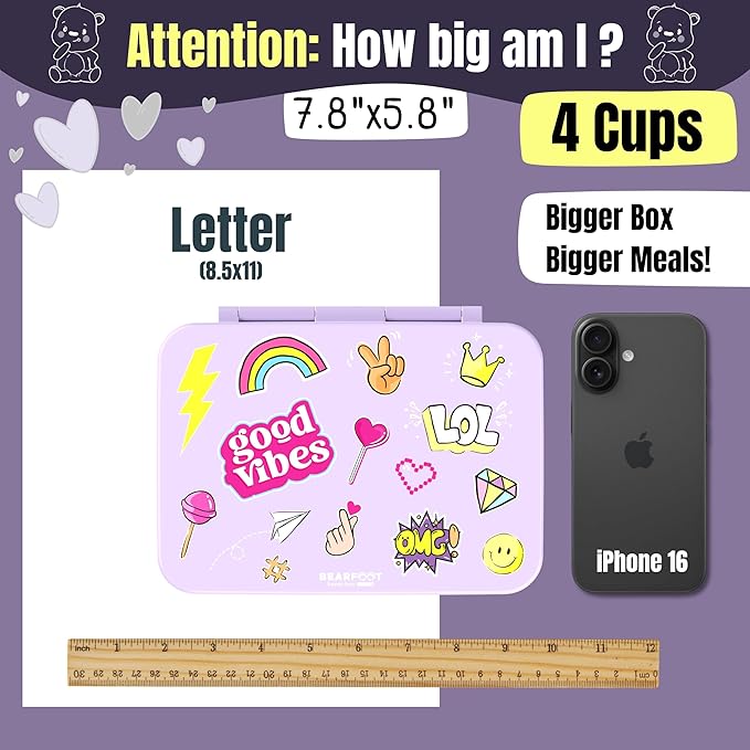 BEARFOOT Kids Lunch Box with Compartments – Compact & Lightweight | Leak-Proof, BPA-Free, Dishwasher & Microwave Safe | Hand-Drawn Design for Preschool, School, Travel (Sticker Purple, 4 Cups)