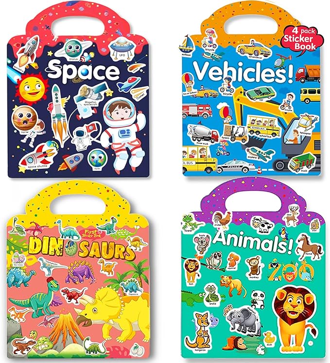 Reusable Sticker Books for Kids, 4 Sets Travel Removable Toddler Sticker Books for 3 4 5 Year Old Girls Boys - Vehicle, Space,Dinosaur & Zoo Animal