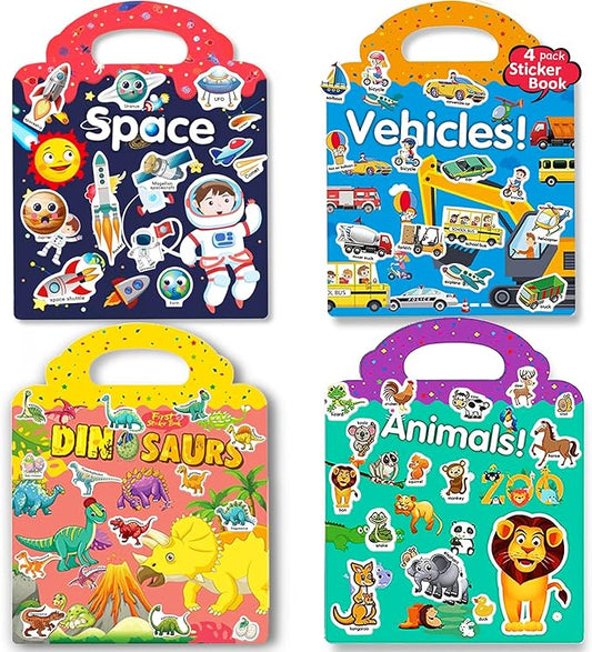 Reusable Sticker Books for Kids, 4 Sets Travel Removable Toddler Sticker Books for 3 4 5 Year Old Girls Boys - Vehicle, Space,Dinosaur & Zoo Animal
