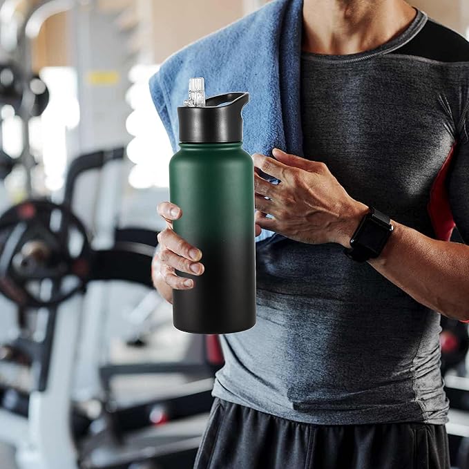 VEGOND 32 oz Insulated Water Bottle Stainless Steel Metal Water Bottles with Leak Proof Straw Lid & Spout Lid, Wide Mouth Double Walled Vacuum Travel Sports Bottle, Dark Green Black