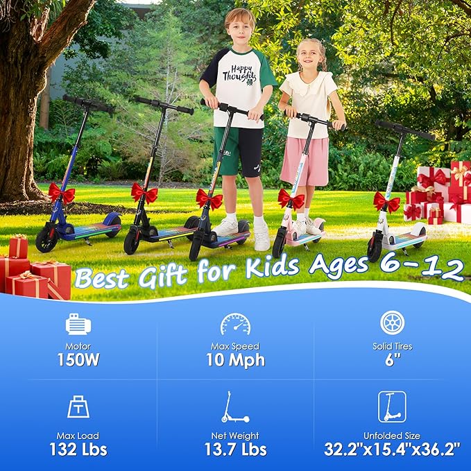 Caroma Electric Scooter for Kids Ages 6-14, 180W/150W Motor & 10 Mph, 85 Mins Ride Time, Adjustable Height & Speed, LED Display & Colorful Lights, Kids Electric Scooter, Best Gifts for Girls and Boy