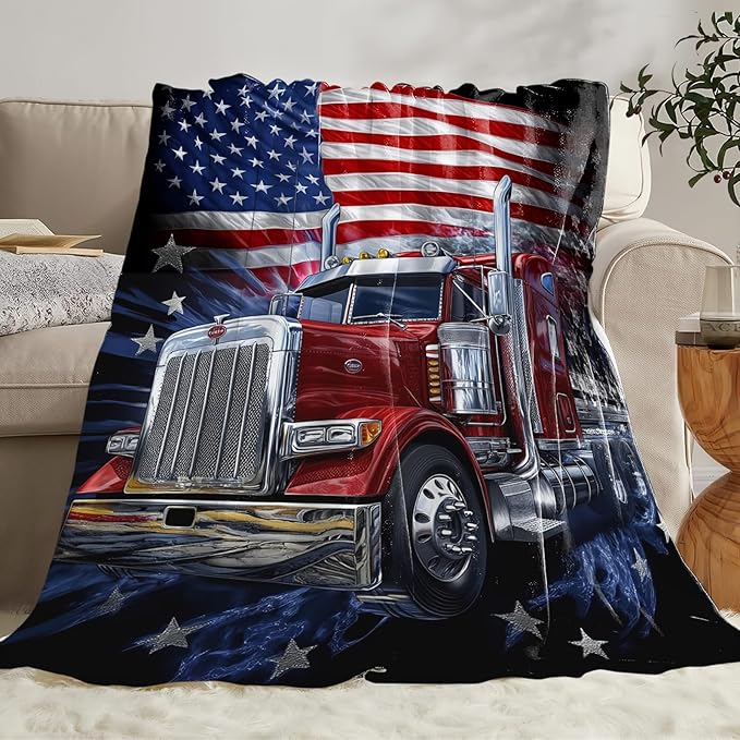 Truck Blanket Gifts for Men, American Flag Truck Throw Blanket for Boys, Soft Cozy Stuff Fleece Blankets Gifts for Train Lovers Couch Sofa Bed 60" x 50"