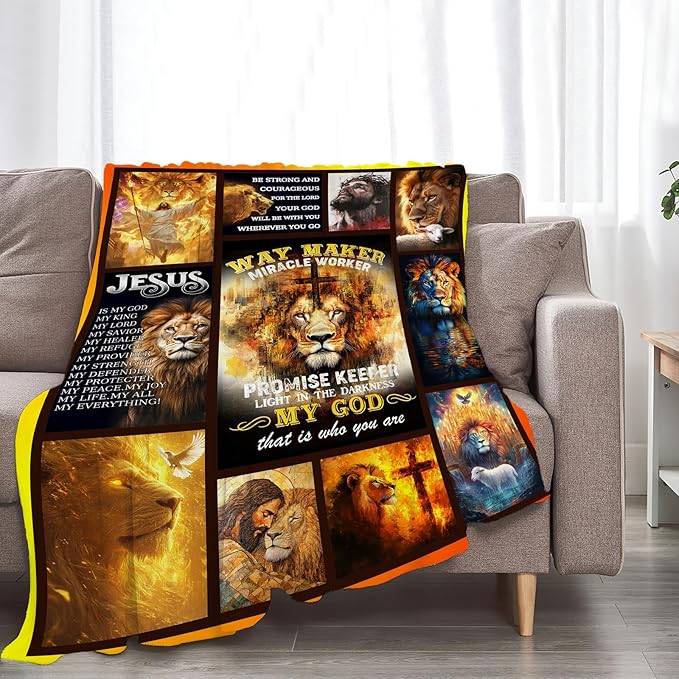 Christian Lion Blanket Fleece Soft Warm Plush Religious Jesus Throw Blankets Lightweight Plush Fuzzy Cozy Blanket Gifts for Men Women Suitable for Couch Sofa Bed 80"X60"