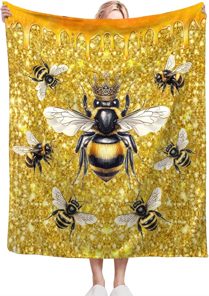 Bee Blanket Fleece Soft Warm Plush Bee Queen Throw Blankets Lightweight Plush Fuzzy Cozy Golden Honeycomb Blanket Gifts for Kids Adults Suitable for Couch Sofa 80"X60"
