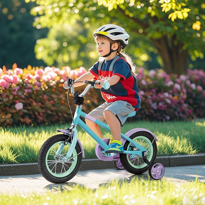 BABY JOY Colorful Macarons Kids Bike, 12 14 16 18 Inch Sporty Children's Bicycle with Training Wheels, Adjustable Handlebar & Saddle, Handbrake & Coaster Brake, Boys Girls Bike for 3-8 Years Old