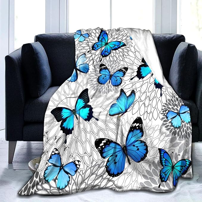 Butterfly Blanket Beautiful Blue Butterfly Throw Blanket Ultra Soft Flannel Butterflies Blanket Gifts for Kids Adults 60"X50"