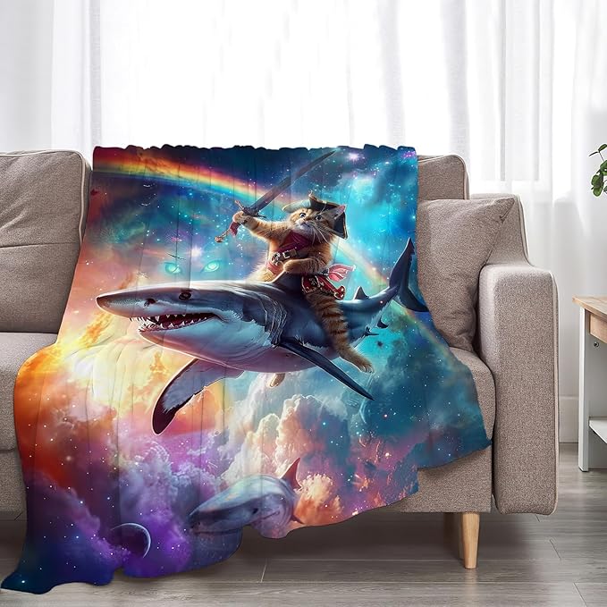 Funny Cat Blanket Fleece Soft Warm Plush Cat Shark Space Galaxy Throw Blanket Lightweight Plush Fuzzy Cozy Kitten Blankets for Boys Girls Kids Adult Suitable for Couch Sofa Bed 50"X40"
