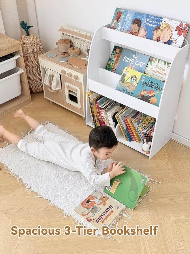 Wooden Kids Bookshelf and Toy Storage, 3-Tier Montessori Book Display Shelf for Toddler Kids Room, Nursery, Playroom, Classroom, White