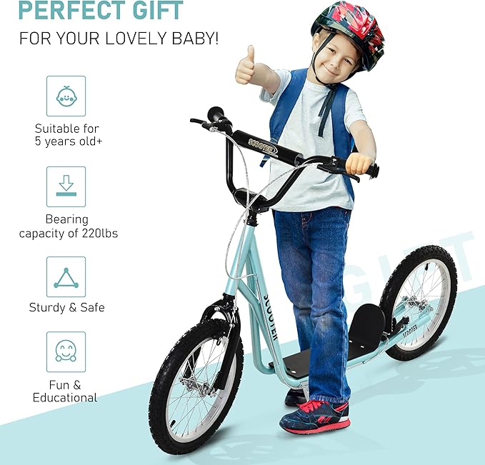 Aosom Youth Scooter Kick Scooter for Kids 5+, Max Load 220 LBS., with Adjustable Handlebar, 16" Inflatable Wheels, Dual Brakes