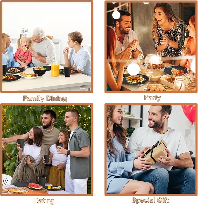 Kitchen Wheat Straw Dinnerware Set 40 PCS Dishes Sets for 8 Plastic Plates Reusable Dinner Plates Cereal Bowls Small Cups Dishwasher & Microwave Safe Unbreakable Dish Set for Picnic RV-Black