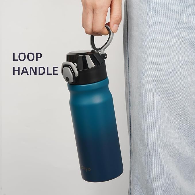 Insulated Water Bottle with Straw and Carry Loop,18 oz Stainless Steel Double Wall Vaccum Metal Water Flask with Leak-proof Lid,Indiego Black