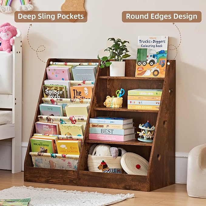 Lerliuo 4 Tier Kids Bookshelf and Storage Organizer, Five Layer Sling Children Bookcase, Baby Toddler Wooden Book Shelf, Display Cabinet for Playroom, Bedroom, Classroom, Nursery, School (Brown)