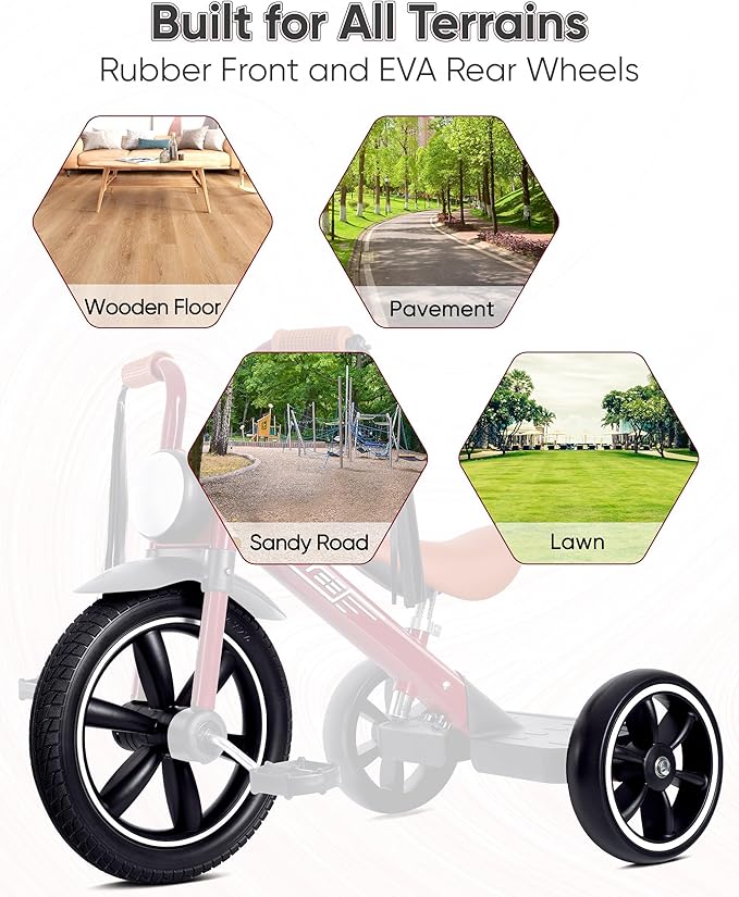 Toddler Tricycle for 2 to 5 Years, Tricycle for 3 Years with Front Light, Rubber Front Wheel, Soft Handlebar with Streamers, Adjustable Seat, Red