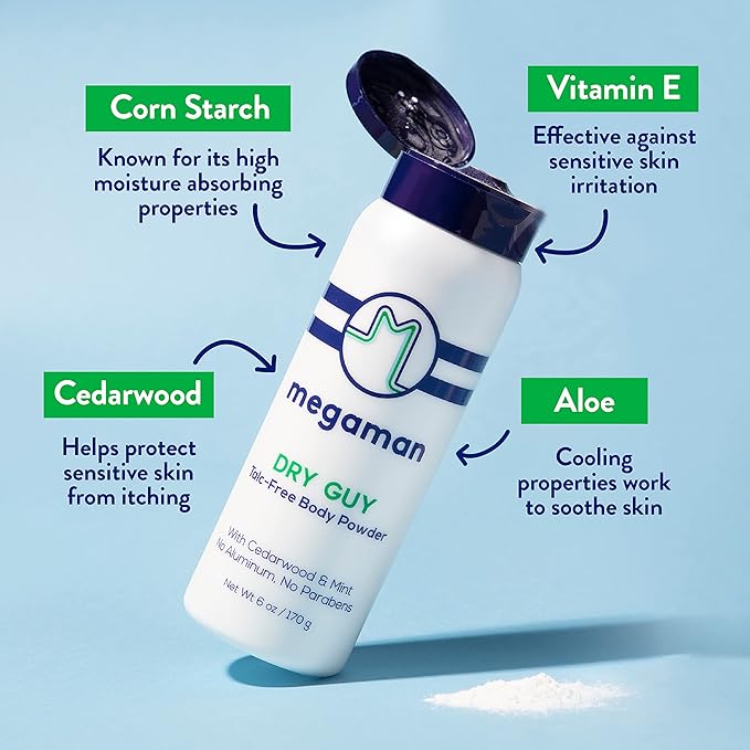 Megaman Sweat Absorbing Body Powder - Dry Guy | Prevents Chafing & Odor | Groin, Body, Feet & More | Talc-Free, All Natural | 6 oz