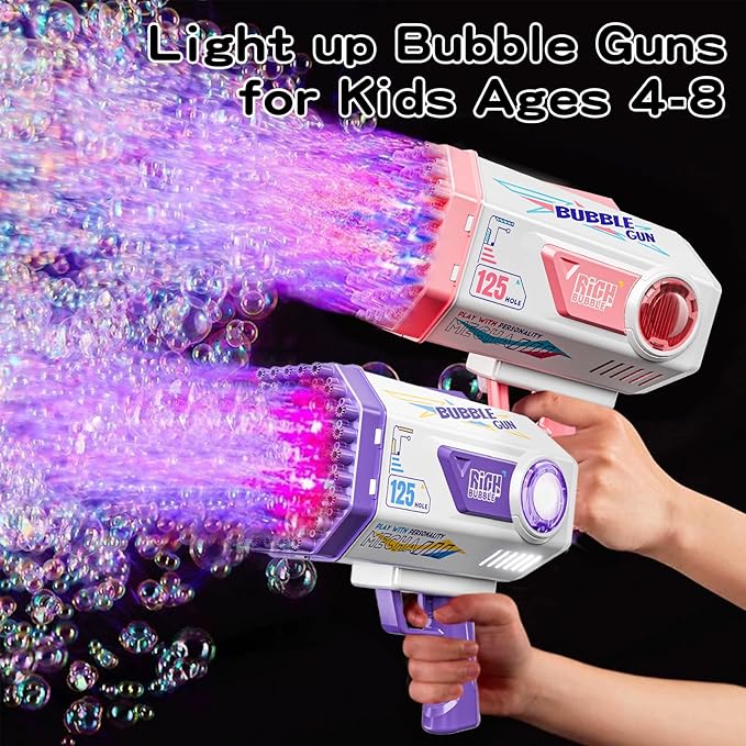 Bubble Gun, 125 Holes Bubble Machine Gun, Bubble Blaster Gun for Kids, Rechargeable Bubble Gun with Bubble Solution, Halloween Toy Party Favors Bubble Maker for Wedding Birthday (Purple)
