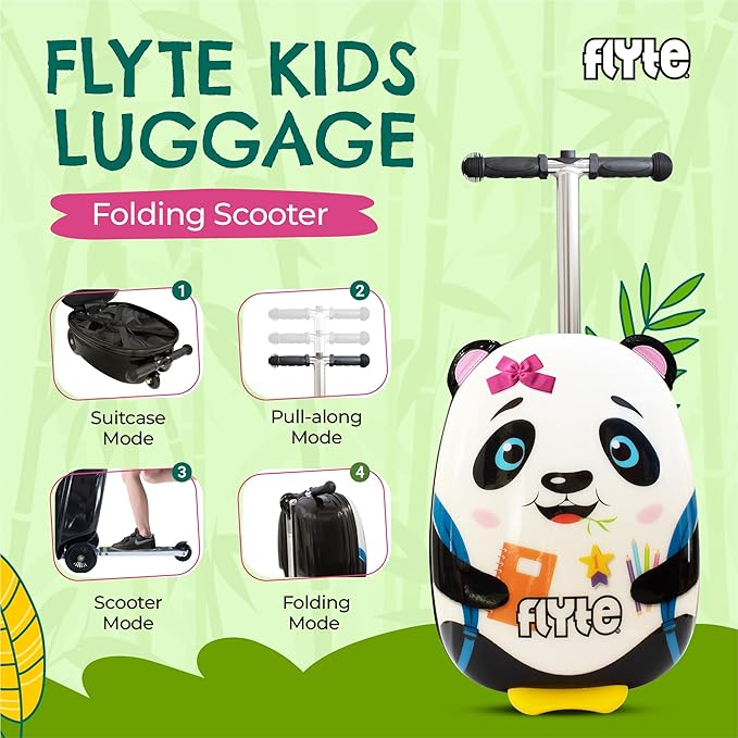 FLYTE Scooter Suitcase Folding Kids Luggage – Penni the Panda, 18 Inch Hardshell, Ride On with Wheels, 2-in-1, 25 Litre Capacity