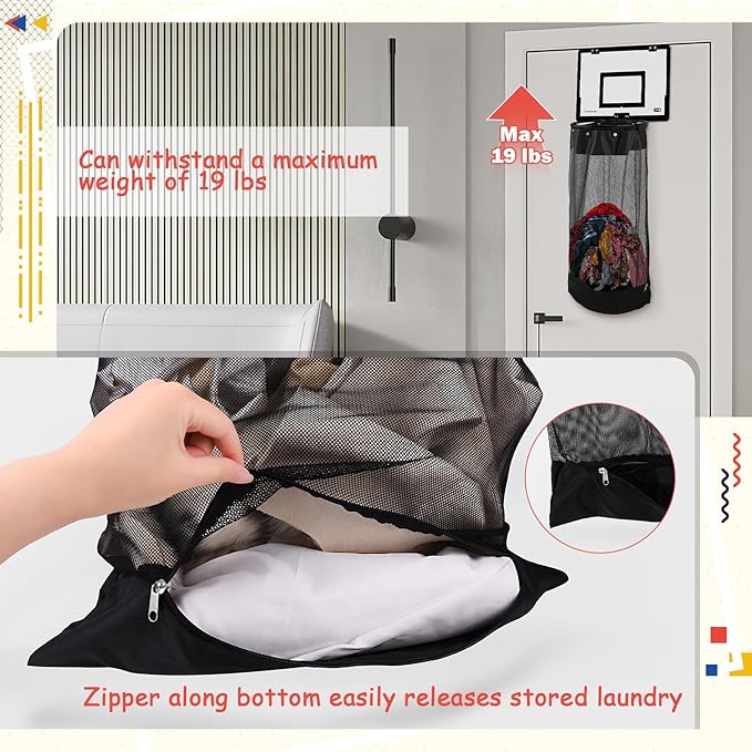 2-in-1 Over the Door Basketball Laundry Hamper and Basketball Hoop, Durable Hanging Sports Laundry/Clothes Basket with Hoop and a Bottom Zipper for Kids Teen Bedrooms, Dorm Rooms, Bathroom
