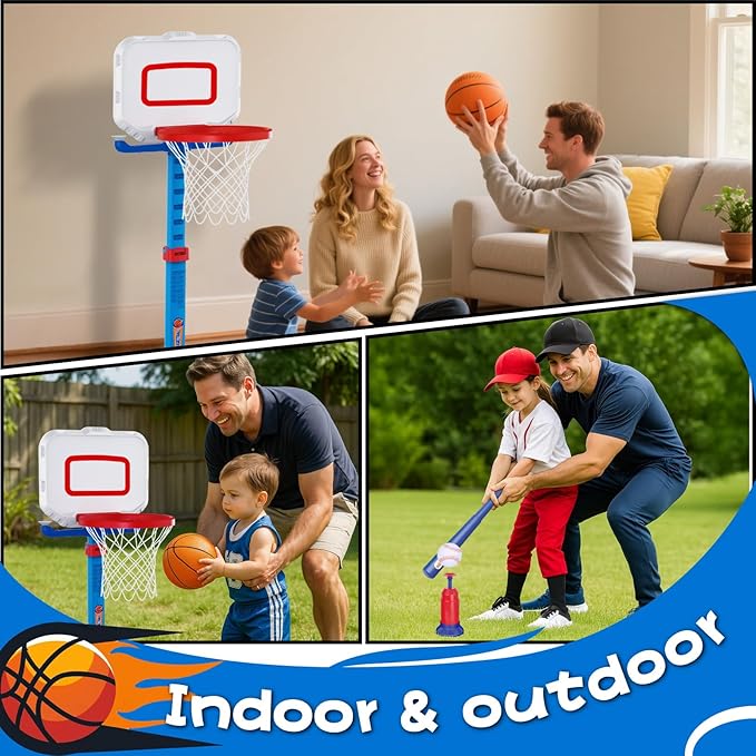 Toddler Basketball Hoop & Baseball Toy Set - Sturdy Adjustable Basketball Stand with Ball Launcher - Multi-Sport Backyard Toy for Boys & Girls Ages 1 2 3 - Includes Basketballs & Baseballs