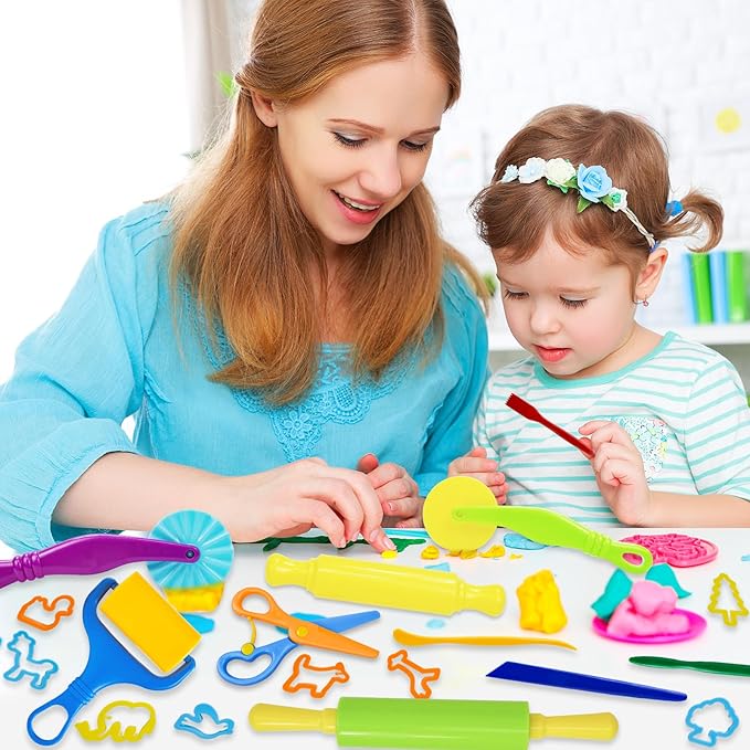 Playdough Tool Set, 24 Pcs Play Dough Tools Sets for Kids Ages 4-8, Playdough Accessories Includes Animal Molds, Cutters Roller, Rolling Pins, Safety Scissors, Plastic Knife