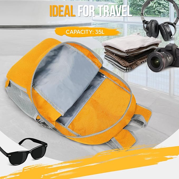 ZOMAKE Lightweight Packable Backpack 35L, Light Foldable Backpacks Water Resistant Collapsible Hiking Bag, Compact Folding Day Pack for Travel Camping(Yellow)