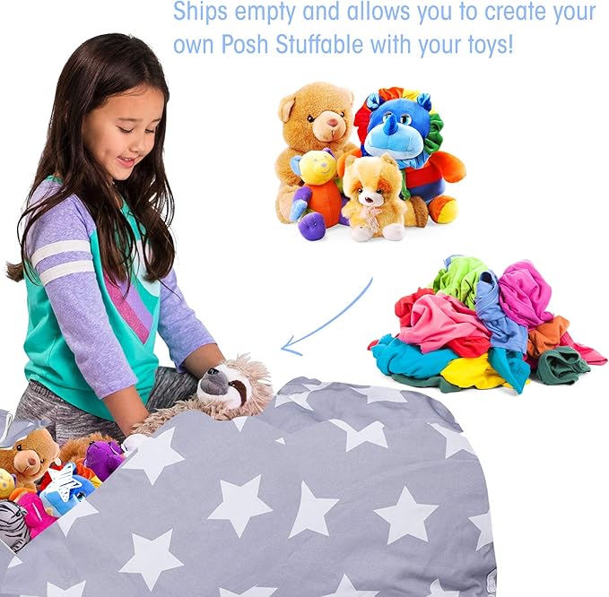 Posh Creations Kids Stuffed Animal Storage Bean Bag Chair Cover - Childrens Toy Organizer, X-Large-48in, Canvas White Stars on Gray