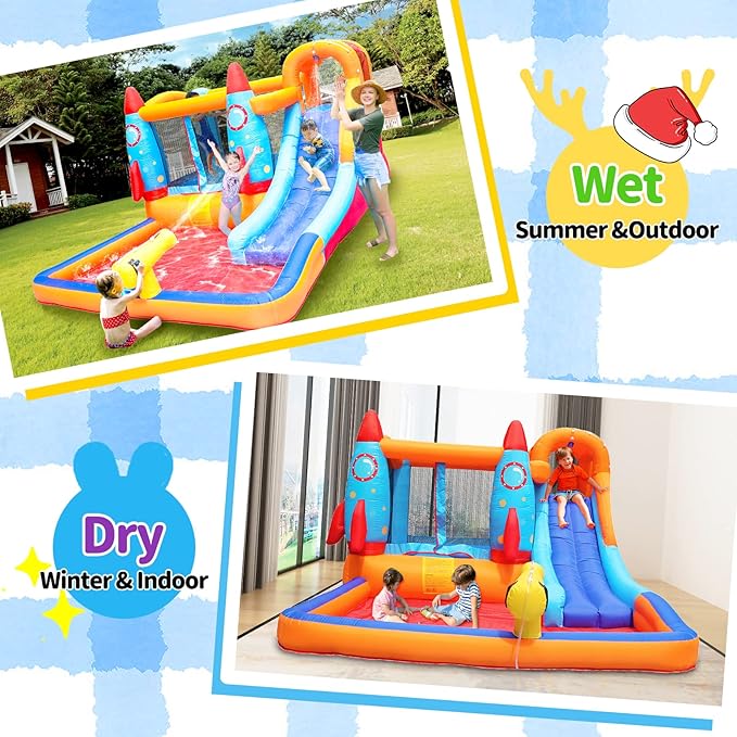 Inflatable Water Slide - Bounce House for Kids,Bouncy Castle for Kids Outdoor,Water Bounce House with Slide,Inflatable Water Park,Rocket Bounce House with Blower