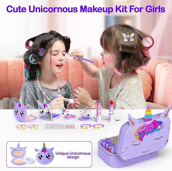 Kids Makeup Kit for Girl - 2 in 1 Kid Washable Makeup Toys & Nail Art Kit with Unicorn Cosmetic Case, Play Makeup for Girls, Real Girl Make up Sets for Christmas Birthday Gifts Toys for 3-12 Year