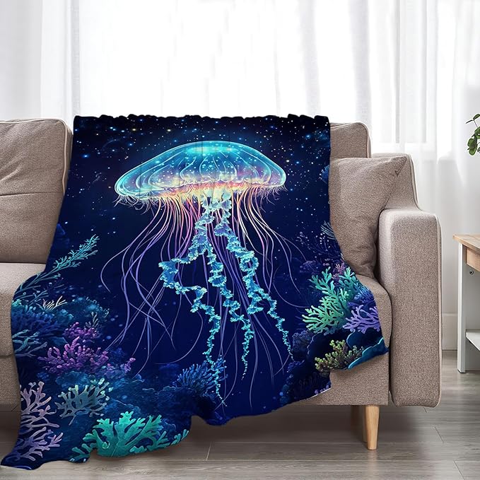 Jellyfish Blanket Jellyfish Gifts Coral Throw Blankets for Girls Boys Women Men Plush Cozy Flannel Fleece Fuzzy Party Blanket for Bed Couch Sofa 60"X50"