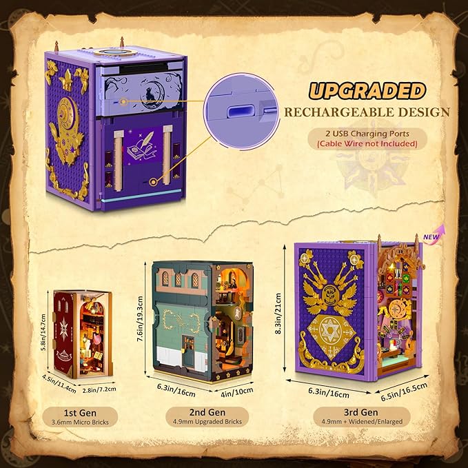 Upgraded Mystic Divination Book Nook Building Set with Rechargeable Lights, 1447 PCS DIY Magic Booknook Building Block Kit Home Decor, Miniature Book House Model Gift for Adults Boys Girls 12+