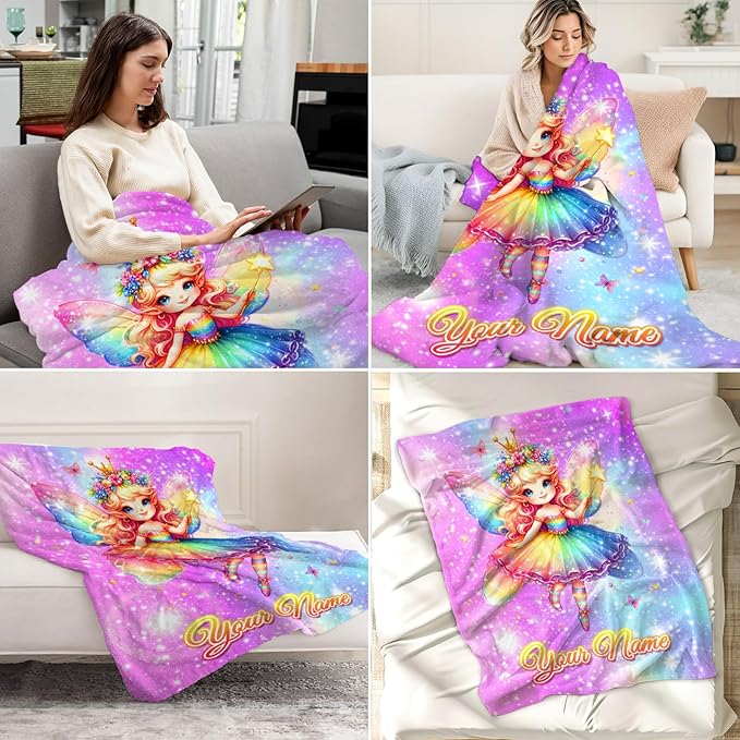Personalized Blanket for Girls, Kids - Fairy Blankets Pink Cute Lightweight Throw Decor Gifts for Couch, Bed & Travel