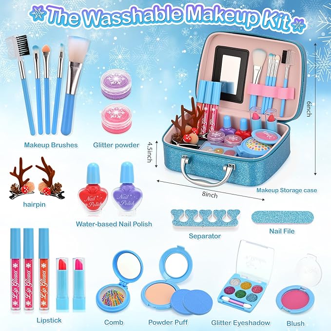 Real Washable Makeup Kit for Girls - Non-Toxic Kids Play Make Up Set Toy for Toddlers Children, Princess Toys Birthday & Christmas Gift ideas for Ages 5 6 7 8 9 10 11 12 Year Old Girls