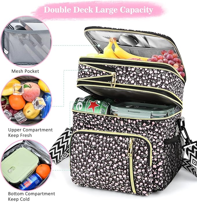 LOKASS Lunch Box for Women-16L-Insulated Lunch Bag Women, Expandable Double-layer Leakproof Cooler Bag with Upgrade Adjustable Shoulder Strap Ideal for Work/Travel/Picnics（Black Flower）