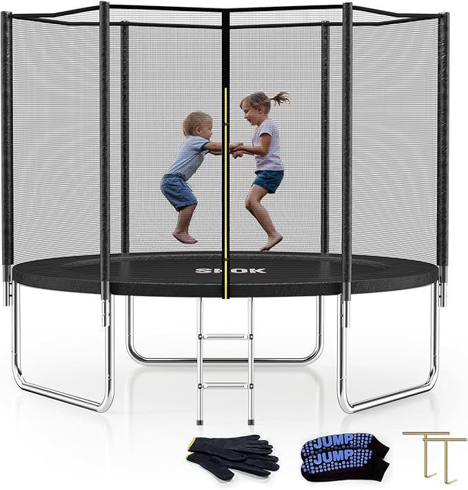 SKOK Trampoline 8FT 10FT 12FT 14FT 15FT Trampolines with Enclosure Net, 400LBS Outdoor Trampolines for Kids with Basketball Hoop-ASTM Approved Trampoline for Children and Adults with Ladder