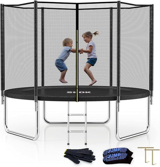 SKOK Trampoline 8FT 10FT 12FT 14FT 15FT Trampolines with Enclosure Net, 400LBS Outdoor Trampolines for Kids with Basketball Hoop-ASTM Approved Trampoline for Children and Adults with Ladder