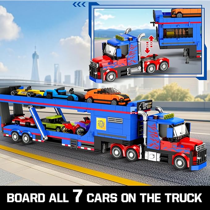 City Transporter Truck Building Set with 7 Sports Cars - Adjustable Loading Ramp Tow Semi Truck with Carrier & Trailer Building Toy Pretend Play Birthday Gifts for Kids Boys Girls Aged 8-14