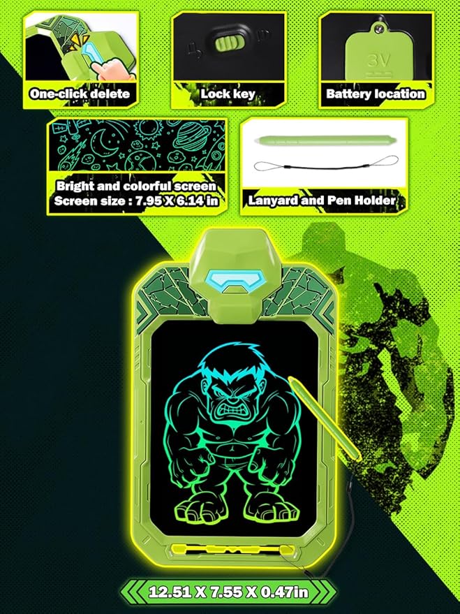 LCD Writing Tablet for Kids 10 Inch Green Giant Power Hero for Toddler 3 4 5 6 - Paint, Doodle Board, Drawing Pad - Travel Toys, Road Trip Car Activities, Birthday Christmas Gift Boys & Man