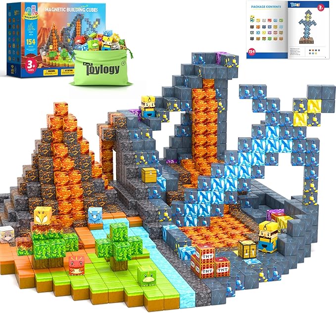 154PCS Large Magnetic Blocks-Build Mine Magnet World Dinosaur & Mine Edition, Building Outdoor Sensory Toys for Kids 3-5, STEM Jurassic Kid Games for Toddler Gifts for Boys and Girls Ages 3 4 5 6 7 8