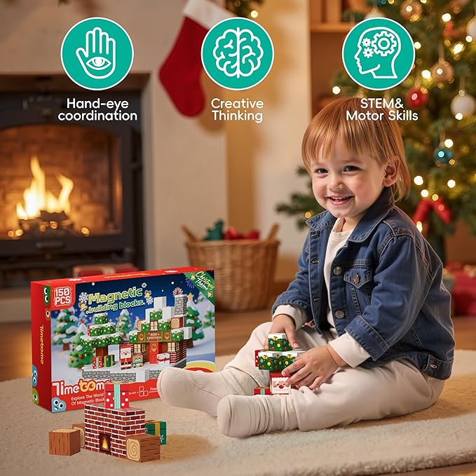 Magnetic Blocks, 150PCS Magnetic Building Block Cubes, STEM Montessori Sensory Toys for Kids Boys Girls Ages 3 4 5 6 7 8 9 10 (Christmas Version)