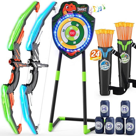 2 Pack Kids Bow and Arrow, LED Light Up Archery Set with 24 Suction Cup Arrows, Indoor Outdoor Sport Dinosaur Toys Gifts for 3 4 5 6 7 8 9 10 11 12 Year Old Boys Girls