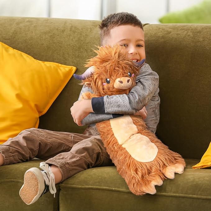 Brown Highland Cow Microwavable & Weighted Stuffed Animals - Unscented Heatable Plush Doll, Cute Cow Plush Toys Gifts for Girls Boys and Kids, Happy Fuel