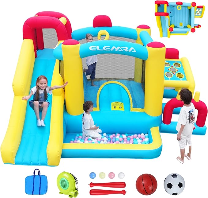 ELEMARA Inflatable Bounce House, 7 in 1 Kids Bounce House with Slide, Bouncy House with Blower, Jumping Area,Baseball/Soccer Area,Basketball Hoop,Climbing Wall, Jumping Castle for Indoor Outdoor
