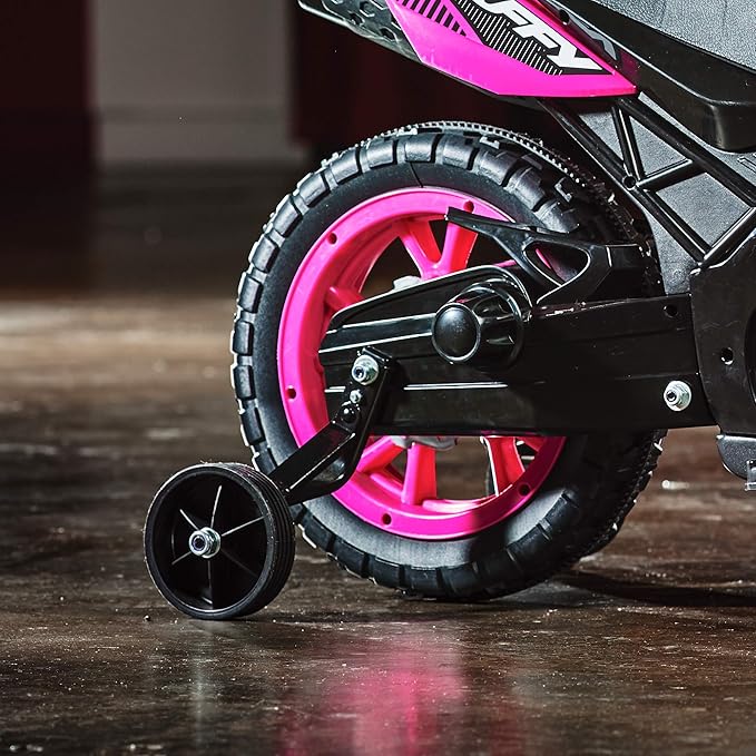 Huffy Ride on Motorcycle for Kids, Ideal for Ages 3-7 Years Old, 6V Ride On Motorcycle, Training Wheels, Realistic Engine Sounds, Simple Wall Charger, Max Weight 65lbs, 2 MPH, Pink