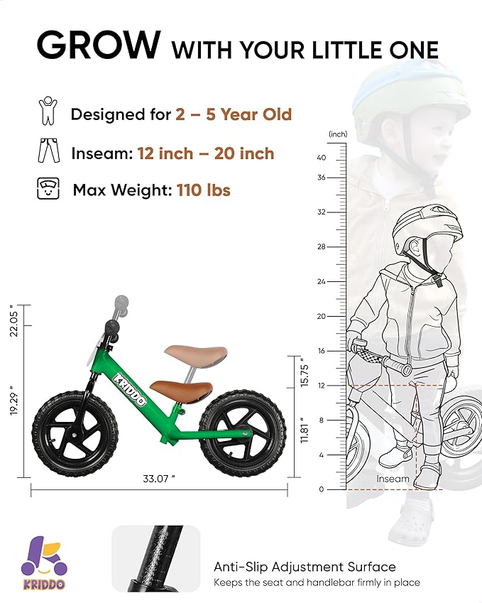 KRIDDO Toddler Balance Bike 2 Year Old, Age 18 Months to 5 Years Old, 12 Inch Push Bicycle with Customize Plate (3 Sets of Stickers Included), Gift Bike for 2-3 Boys Girls, Green