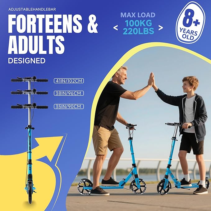 Kick Scooter for Kids Ages 8+ Teens & Adults, with Front handbrake and Rear Brake, and Adjustable Handlebars, Big Sturdy PU Flash Wheels Great Gift & Toy